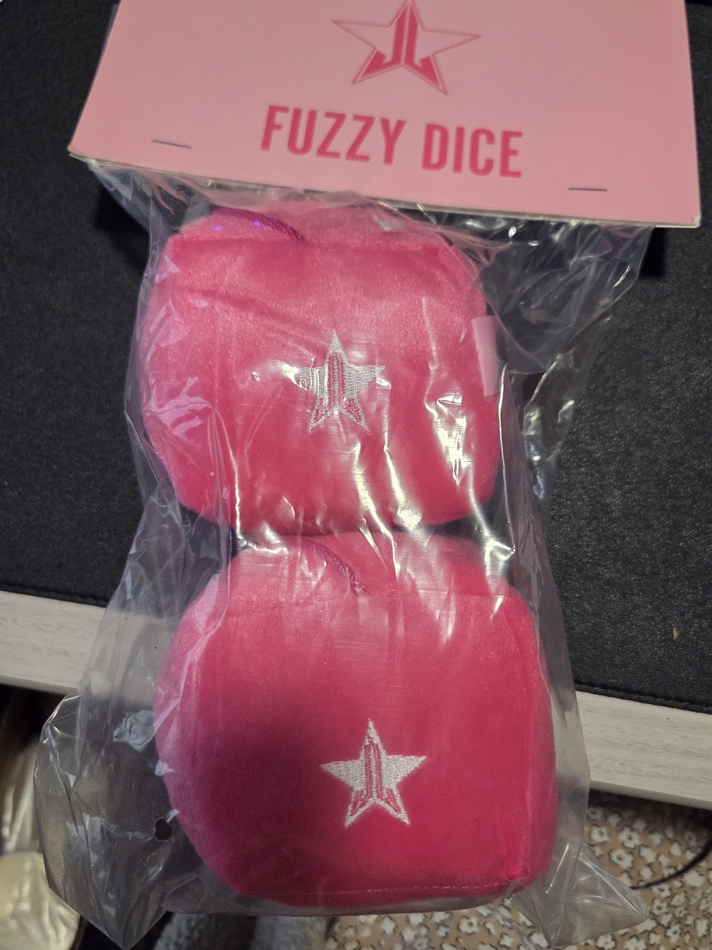 Jeffree Star Plush Fuzzy Dice in Vibrant Pink with Silver Stars